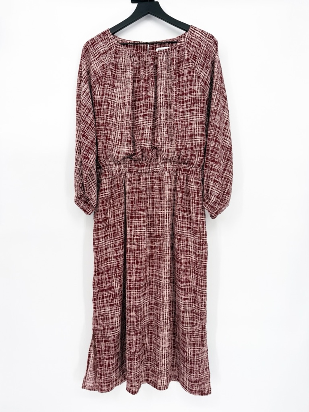 βοΈ 3/$25 Prologue Burgundy Grid Print Midi Dress Elastic Waist Balloon Sleeve XL